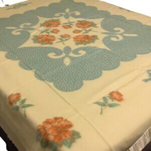 Treasure Chest Vintage Floral Blanket Twin Full Size Satin Trim Cream Green Pink